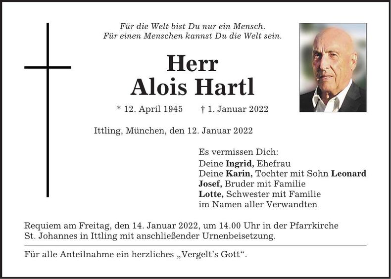 Traueranzeige Alois Hartl
