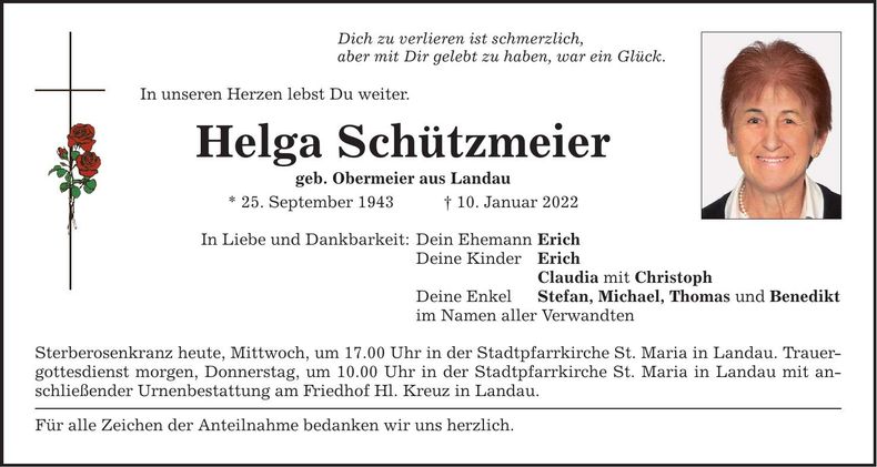 Traueranzeige Helga Schützmeier