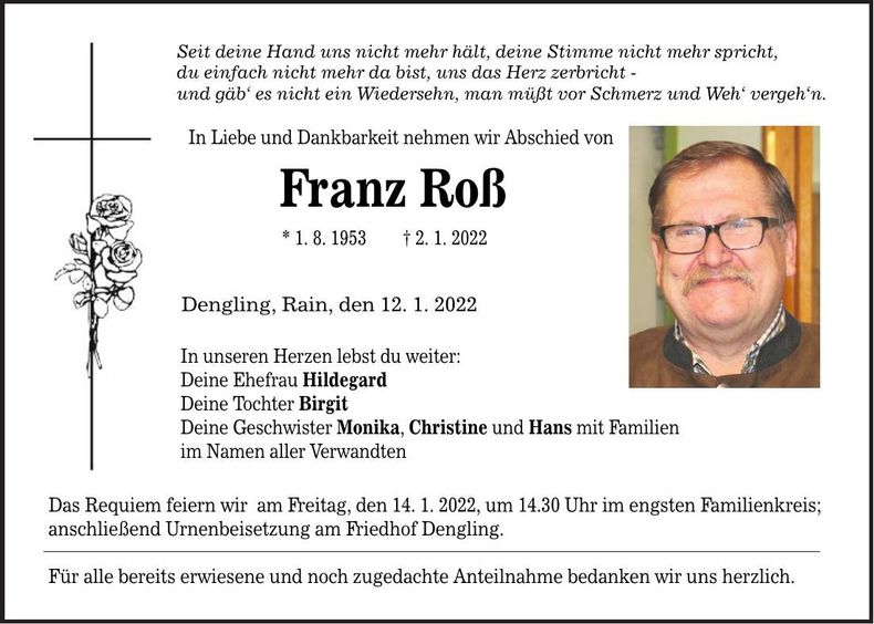 Traueranzeige Franz Roß