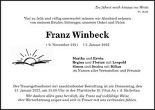 Traueranzeige Franz Winbeck