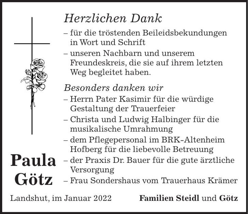 Traueranzeige Paula Götz