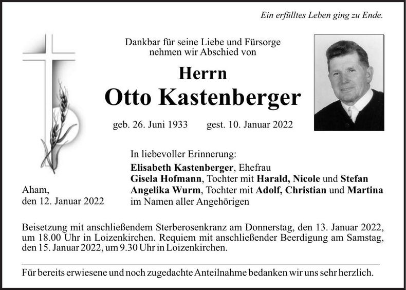 Traueranzeige Otto Kastenberger