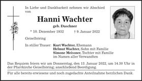 Traueranzeige Hanni Wachter