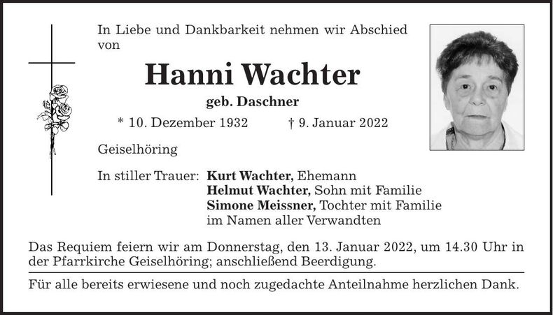 Traueranzeige Hanni Wachter