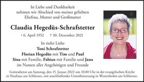 Traueranzeige Claudia Hegedüs-Schraftstetter