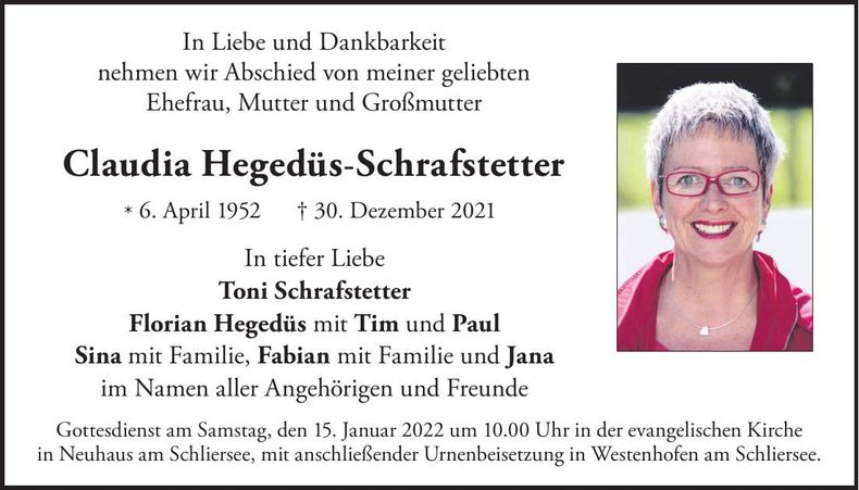 Traueranzeige Claudia Hegedüs-Schraftstetter