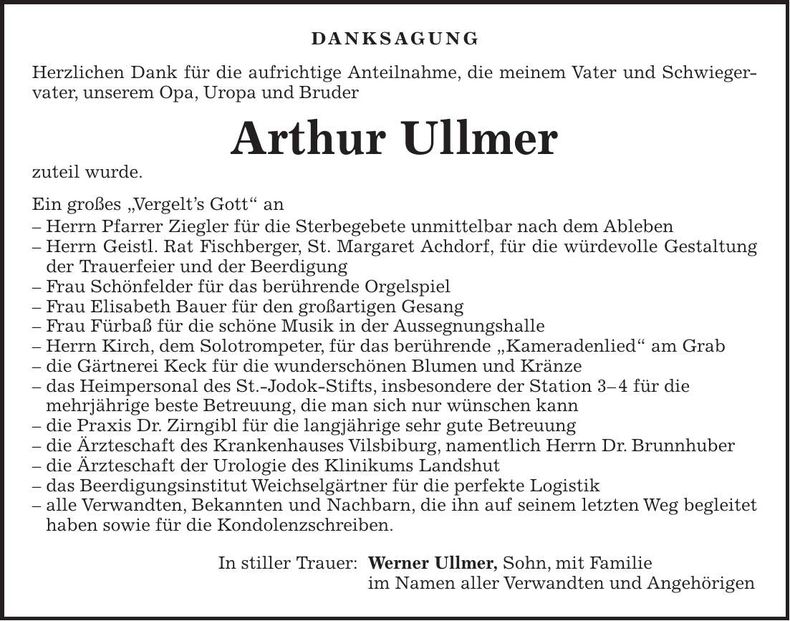 Traueranzeige Arthur Ullmer