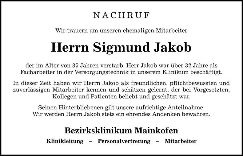 Traueranzeige Sigmund Jakob