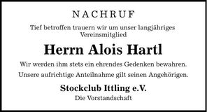 Traueranzeige Alois Hartl