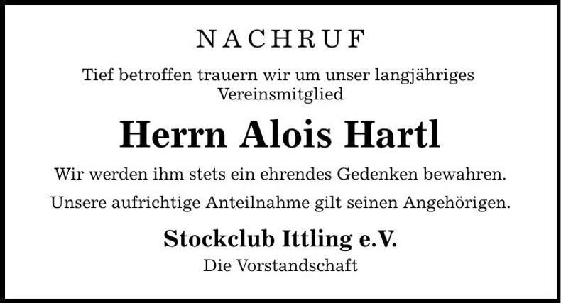 Traueranzeige Alois Hartl