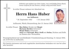 Traueranzeige Hans Huber