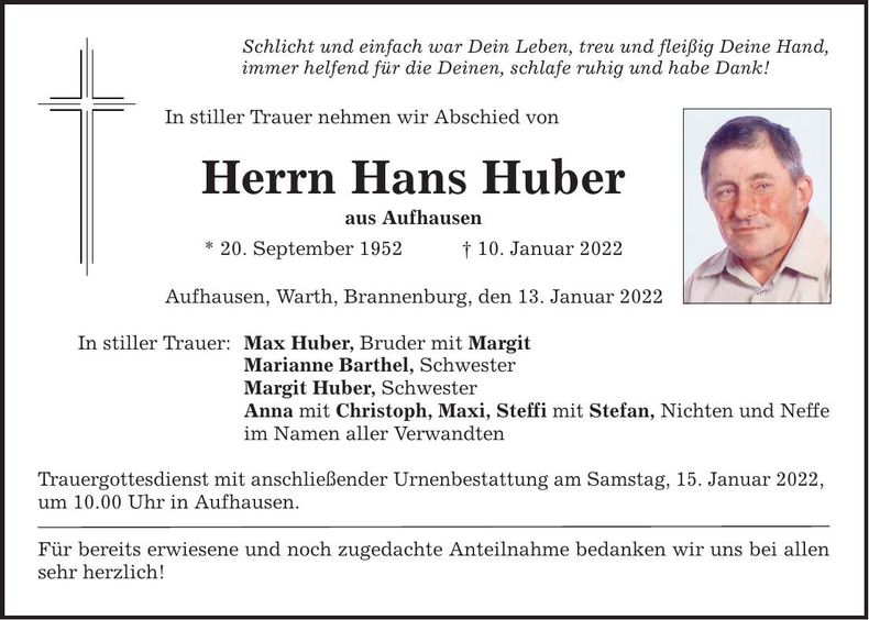 Traueranzeige Hans Huber