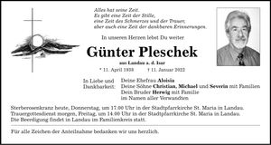 Traueranzeige Günter Pleschek