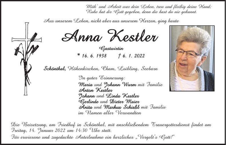 Traueranzeige Anna Kestler