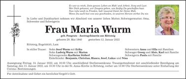 Traueranzeige Maria Wurm