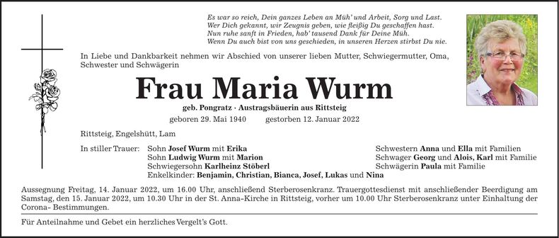 Traueranzeige Maria Wurm