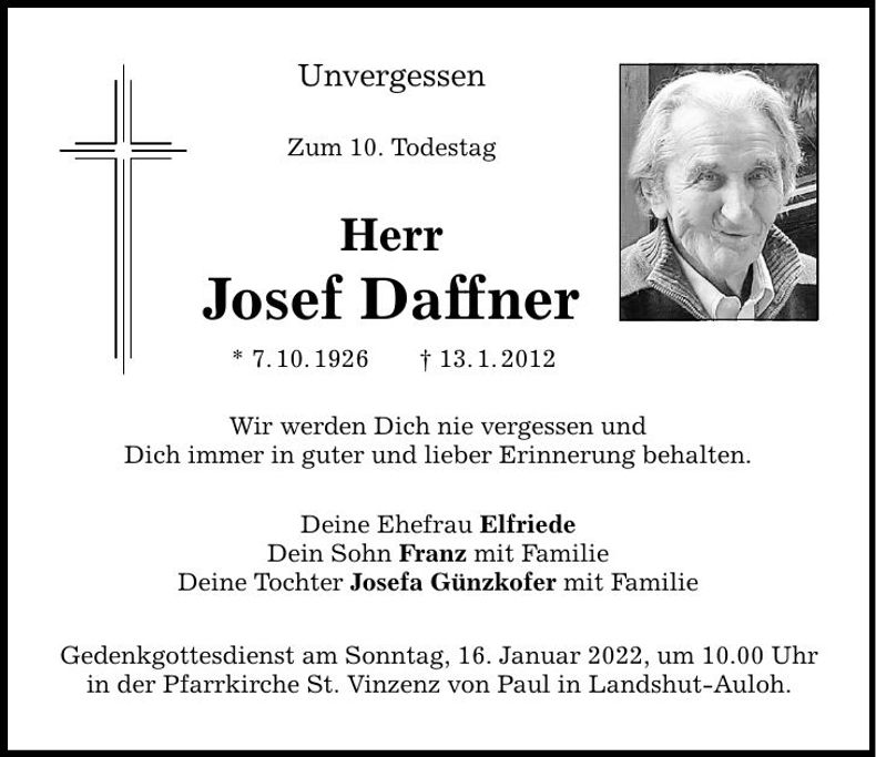 Traueranzeige Josef Daffner