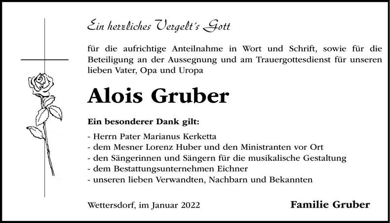 Traueranzeige Alois Gruber