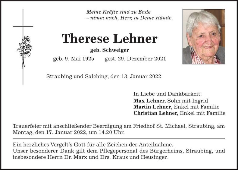Traueranzeige Therese Lehner