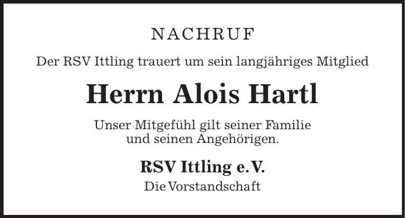 Traueranzeige Alois Hartl