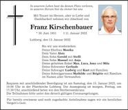 Traueranzeige Franz Kirschenbauer