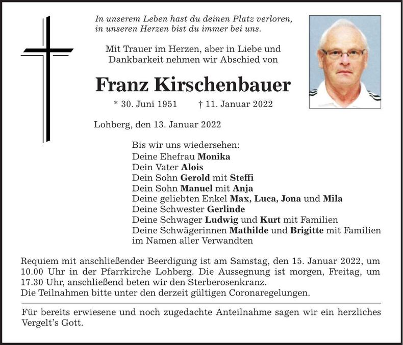 Traueranzeige Franz Kirschenbauer