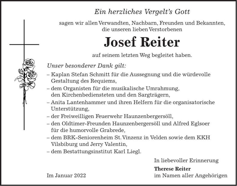 Traueranzeige Josef Reiter