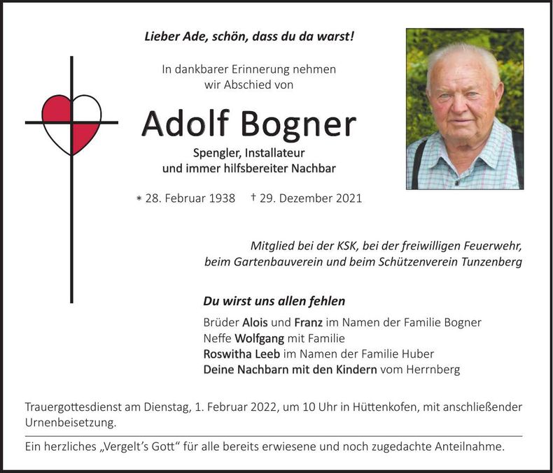 Traueranzeige Adolf Bogner
