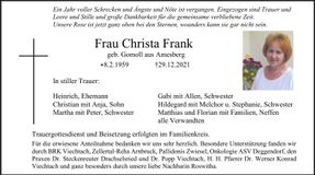 Traueranzeige Christa Frank