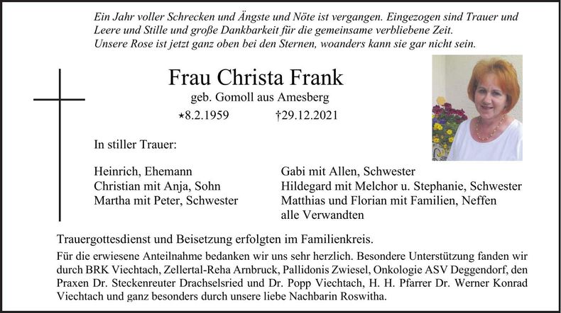 Traueranzeige Christa Frank