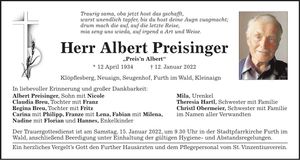 Traueranzeige Albert Preising