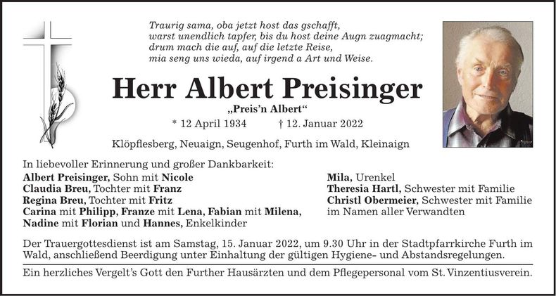 Traueranzeige Albert Preising