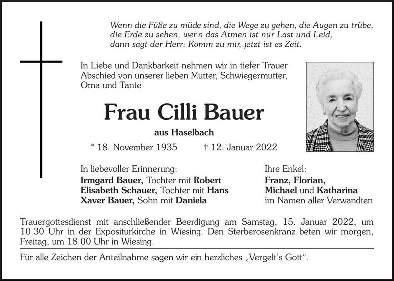 Traueranzeige Bauer Cilli