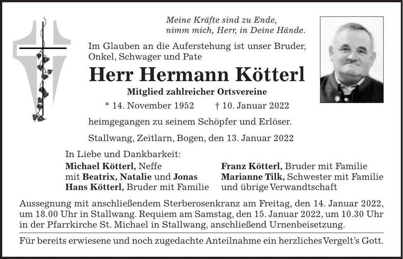 Traueranzeige Hermann Kötterl