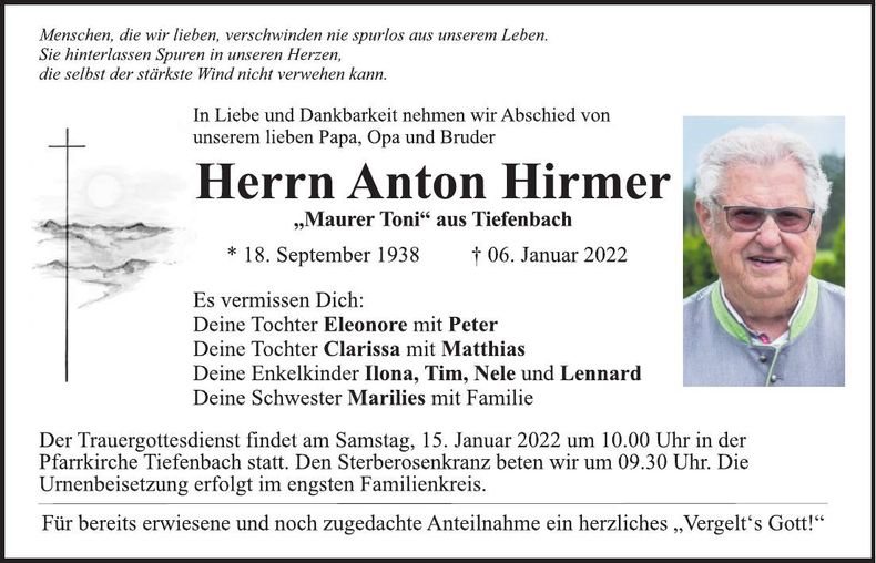 Traueranzeige Anton Hirmer