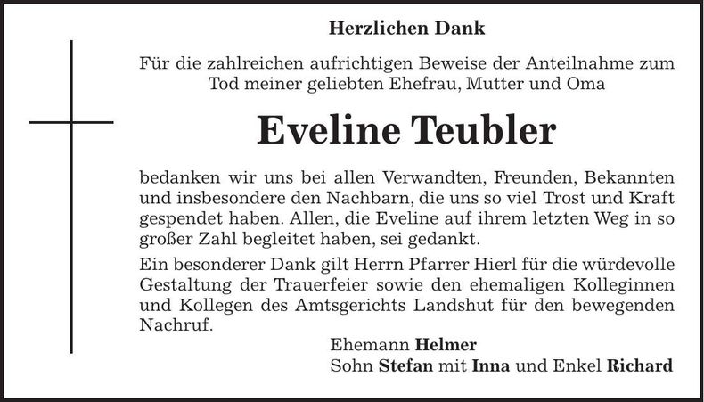 Traueranzeige Eveline Teubler