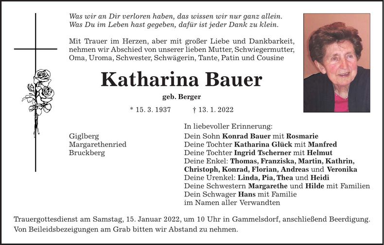 Traueranzeige Katharina Bauer