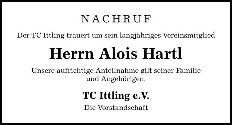 Traueranzeige Alois Hartl