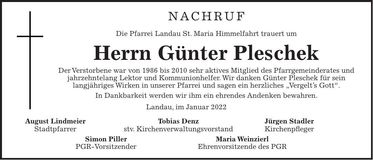 Traueranzeige Günter Pleschek