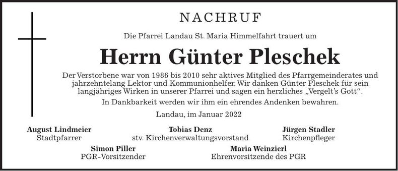 Traueranzeige Günter Pleschek