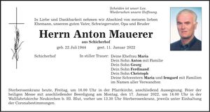 Traueranzeige Anton Mauerer