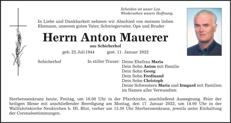 Traueranzeige Anton Mauerer