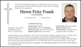 Traueranzeige Fritz Frank