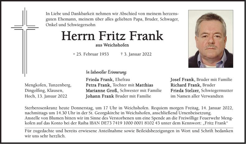 Traueranzeige Fritz Frank