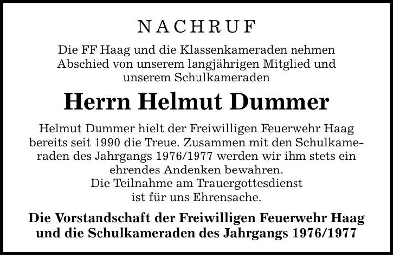 Traueranzeige Helmut Dummer