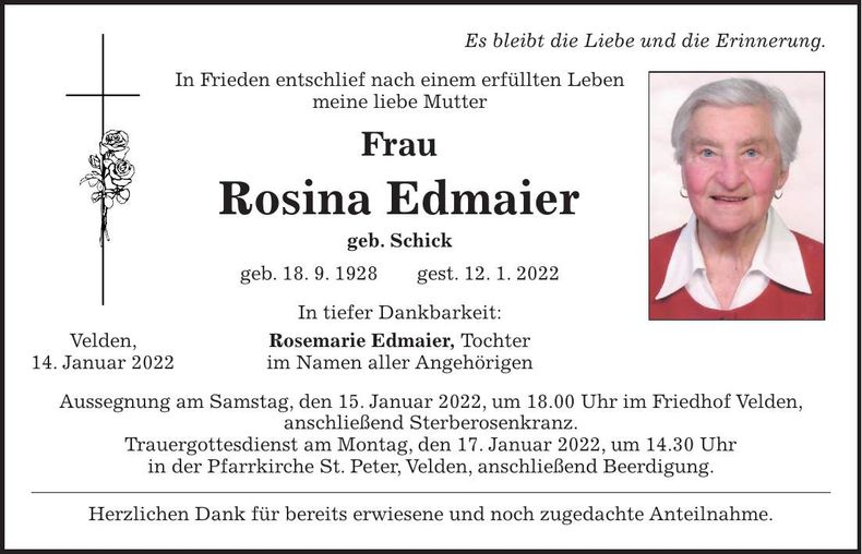 Traueranzeige Rosina Edmaier