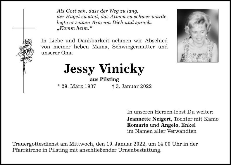 Traueranzeige Jessy Vinicky
