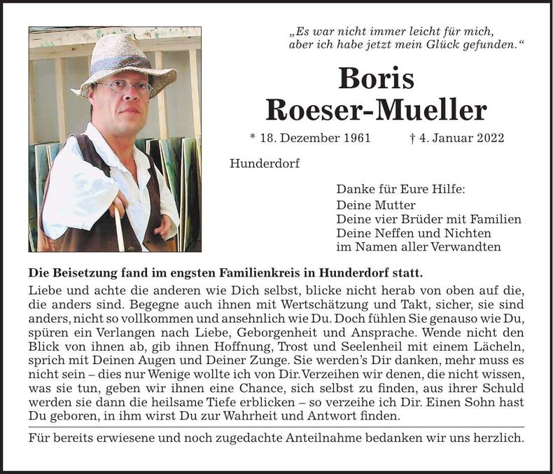 Traueranzeige Boris Roeser-Mueller