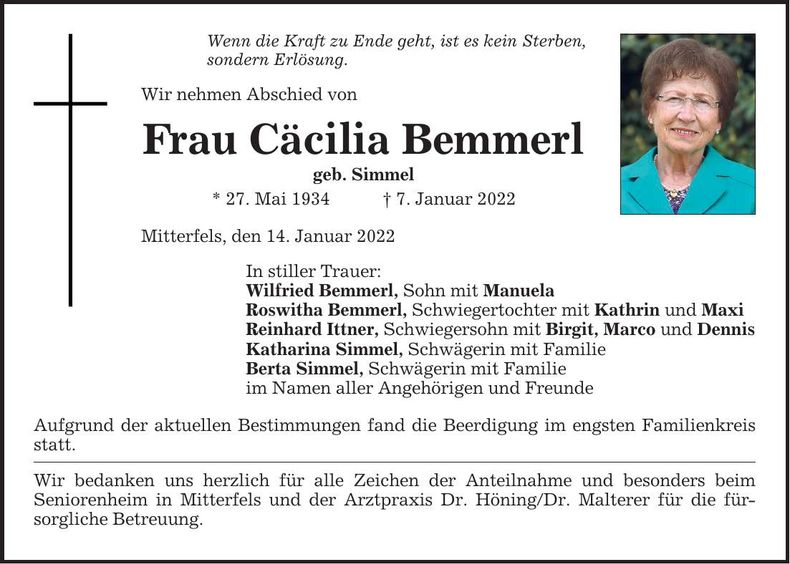 Traueranzeige Cäcilia Bemmel