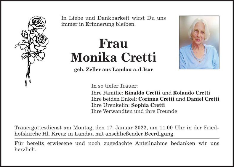 Traueranzeige Monika Cretti